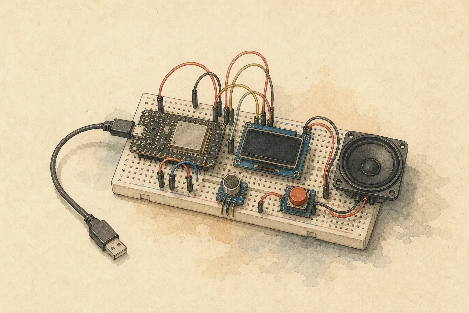 暖纸水彩插画:面包板上连接着 ESP32-S3 开发板、显示屏、麦克风、按钮和扬声器